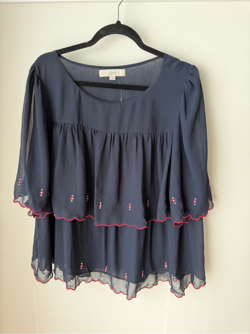 LOFT Navy Tiered Blouse with Red Embroidered Accents